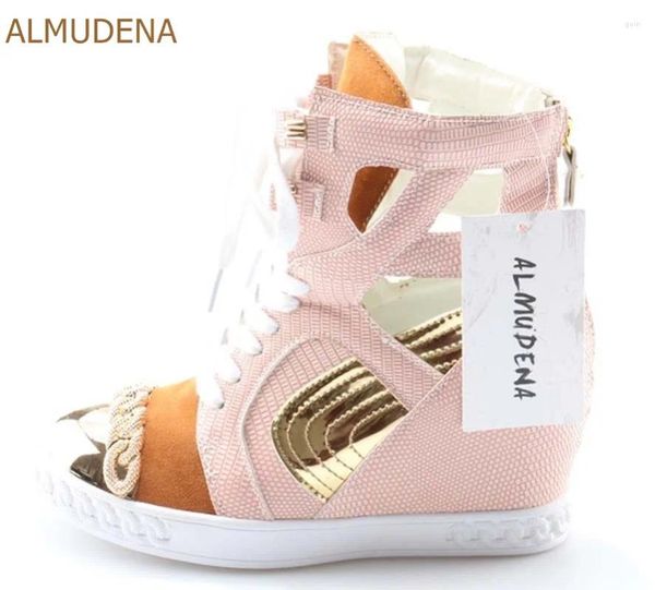 Botas Almuena Top Brand Mujeres Chic Zapatillas Altura Aumento Tacones de cuña Zapatos de ocio Cadena de oro Patchwork Botines casuales