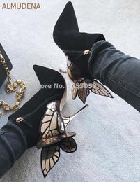 Boots Almudène Top Quality Gorgeous Gold Metallic 3D Butterfly Embellie cheville noire en daim
