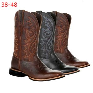 Boots American Casual Leather Boots Men Femmes broderie rétro High Tube Chaussures décontractées Mens US Style Western Cowboy Boots plus taille 48 230403