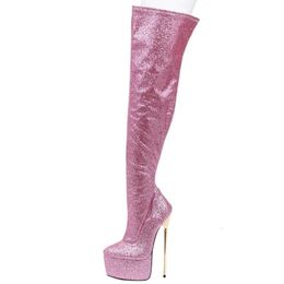 Bottes de style américain paillettes bout rond 22cm super haut talon plate-forme sidezip mode sexy sur genou cuisse longue personnalisé femme 230920