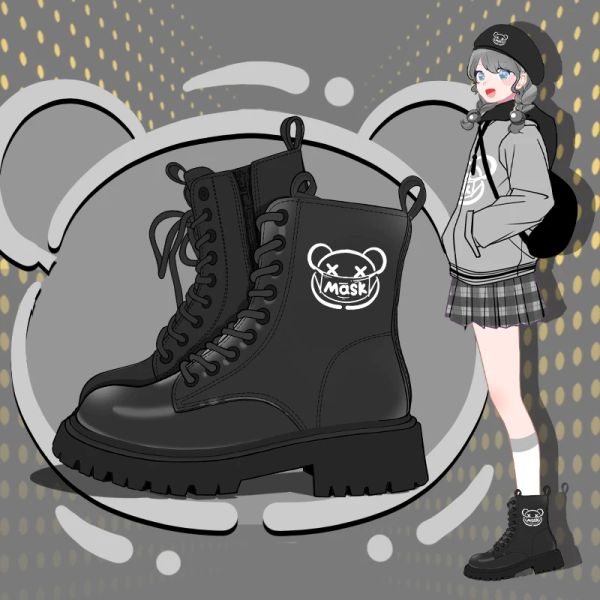 Boots Amy y Michael Punk Graffiti Punk Black Mid Torn Platform Boots Damas Mujeres Autumn Retro Martin Boots con cremalleras