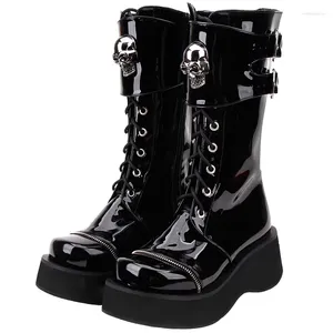 Boots Angelic Imprint Japan Gothic Style Femmes Moto-Punk Cool Punk Lady Lolita Chaussures Femme High Heels Pumps Lace Up 33-47 Skull