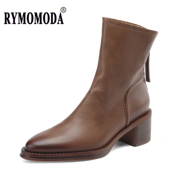 Botas Tobillo para mujer Cuero de vaca de lujo Tacón grueso superior Cremallera Cálida Otoño Invierno Botín Zapatos de cuero genuino hechos a mano puros 230907