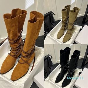 Laarzen Enkelband Lace Suede Tall Boot Vrouwen Plain teen Lage hakken hoge bootie Brwon Black Classic Design Jurk Schoenen Laarzen