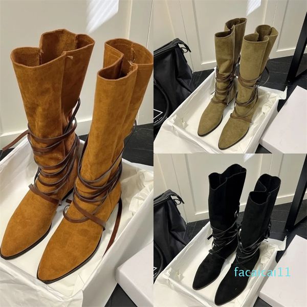 Botas con correa en el tobillo Bota alta de gamuza de encaje Mujer Punta plana Tacones bajos Botín alto Brwon Negro Diseño clásico Zapatos de vestir Botas