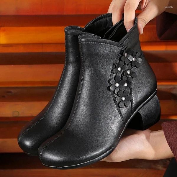 Bottes cheville femmes cuir automne chaussures fleur à la main véritable chevalier d'équitation vente 2024 rétro