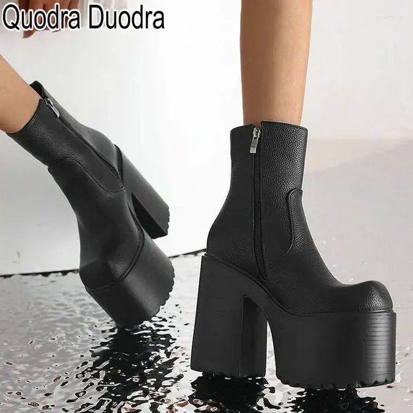 Botas Tobillo Zapatos de mujer Tacones altos gruesos Punta cuadrada Cremallera Casual Tamaño grande Hasta la rodilla Señora Club Fiesta Plataforma de calidad sexy