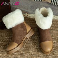 Boots Annymoli Snow Women Chaussures Plateforme de fourrure en laine Mid Talon court orteil rond des talons gros lacets à la cheville Hiver 43