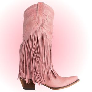 Botas AOSPHIRAYLIAN Retro Western Tassels Fringe Cowboy Cowgirl Boots para mujer Vintage Mid Calf Women Pink Casual Boots Shoes 230114