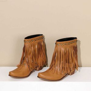 Boots Aosphiraylian Western Denim Fringe Ruffled Women's Boots 2023 Slip on Square Talons Denim Girl Riding Vintage Women's Ankle Shoes L230712