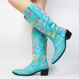 Bottes AOSPHIRAYLIAN Western Denim femmes bottes 2023 brodé carré talons hauts rétro bleu chaussures décontractées L230712