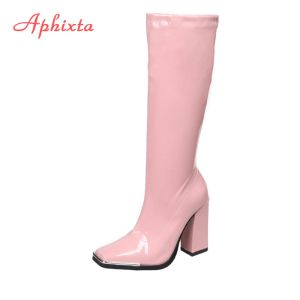 Laarzen Aphixta 2022 Winter Long Long Dames High Boots Pink Green Patent Leather Luxury Square Toe Chunky Heely Heels Chelsea Boots Women Shoes