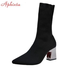 Bottes Aphixta métal couleur 7cm talons carrés chaussettes bottes femmes grande taille 43 tissu extensible élastique bout pointu chaussures bottine femme 230901