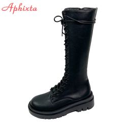 Boots Aphixta Nieuwe Winter Goth Shoes Dames Long High Boots Leather Crosstie Laceup Shoes Vrouw Mode Platform Botas Mujer