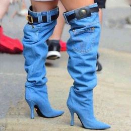 Bottes Arden Furtado 2022 printemps automne mode bleu denim Jeans bottes talons aiguilles 8cm femmes grande taille genou haute 45 220906