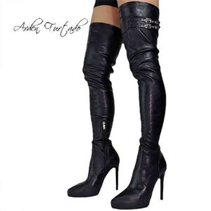 Bottes Arden Furtado mode boucle de ceinture talons hauts 12cm sur le genou bottes femme bout pointu stilettos t Zipper 220906