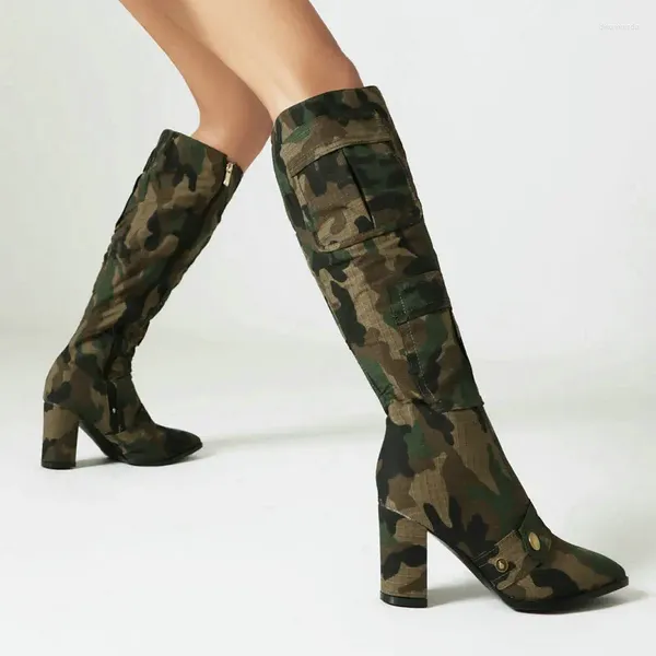 Boots Army Couleur Green Camouflage Camo Patché cool Femmes Botas Bloc High Heels Chaussures avec poche Zip Up-High-High Western Ride