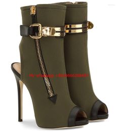 Bottes Armée Vert Boucle D'or Fermeture À Glissière Latérale Talon Haut Cheville Femmes Bout Ouvert Mode Gladiateur Sandale Botte Femme