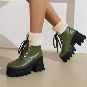 Boots Army Green Olive Square Toe Platform Chunky High Heels Winterschoenen Burined pluche voeten Warme vrouwen rijden Enkle Sneeuw