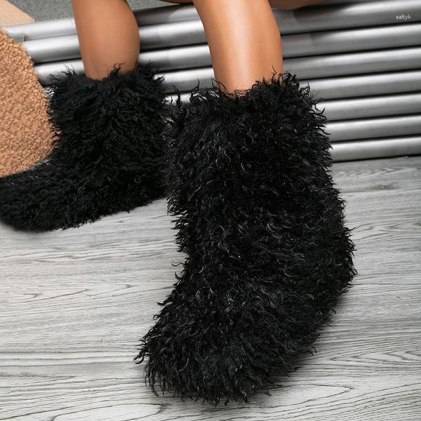 Botas Llegada Invierno Felpa Cálido Resistente al frío Piel sintética Nieve Mujer Mullida Media pantorrilla Zapatos fascinantes al aire libre