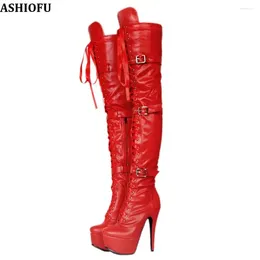 Bottes Ashiofu 2024 Femmes faites à la main High Talon sur les boucles du genou-Straps Night-Club Party Fashion Winter