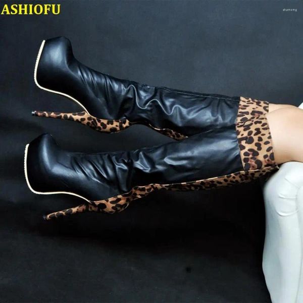 Boots Ashiofu Handmade Classic Ladies Knee Round-Toe Sexy Club Party Party Party Leopard Fashion Winter Shoes