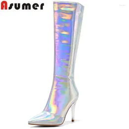 Bottes ASUmer 2024 Big Taille 33-46 Microfibre laser Silve sur le genou mince talons modernes dames modernes chaussures à fermeture éclair