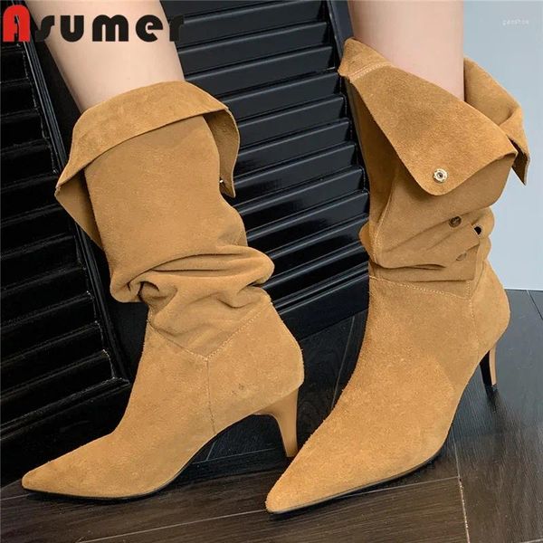 Boots asumer 2024 Cool Ladies Slip sur la vache de printemps Suede en cuir ouest talons hauts minces genou