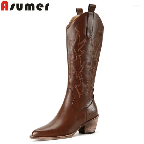 Boots asumer 2024 en cuir authentique Knee High Square talons hiver dames glisser sur broder western