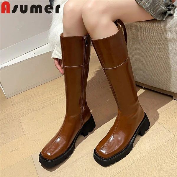 Bottes ASUmer 2024 Véritable cuir d'hiver Femmes Zipper dames genoux hauts talons plate-forme chaussures