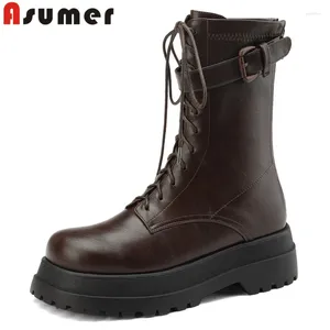 Boots ASUMER 2024 Retro Retro Great Couear Band Narmed Ladies Platform Platforme d'hiver Chunky Talons Middal