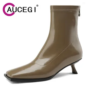 Boots Aucegi 2024 Femme Stretch Quality Cuir Courte courte Concise Black Fashion Square Toe Mid Heels Daily Life Robe Chaussures