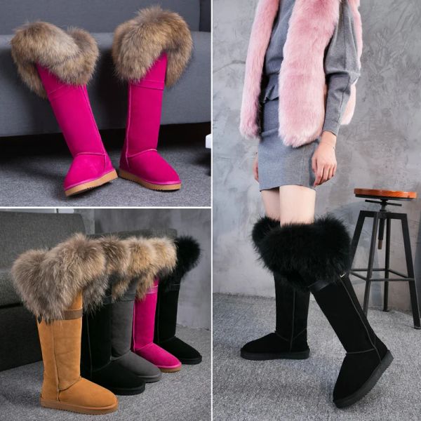 Botas Estilo australiano Mujeres Natural de zorro natural Botas de nieve impermeable Botas de invierno de cuero de vaca genuina