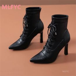 Bottes automne et hiver talons hauts féminins 2021 Nouveaux lacets pointés de lacep