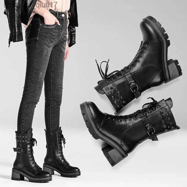 Botas Otoño e Invierno Nuevos zapatos de cuero para mujer Zapatos de mujer Uniforme militar Mujer Roman Denim Media plataforma Botas con cremallera Z230728