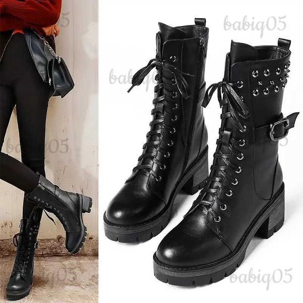 Botas Otoño e invierno Nuevos zapatos de cuero para mujer Botas para mujer Uniforme militar Botas con cremallera semiplataforma de vaquero para montar a caballo romano para mujer T231117