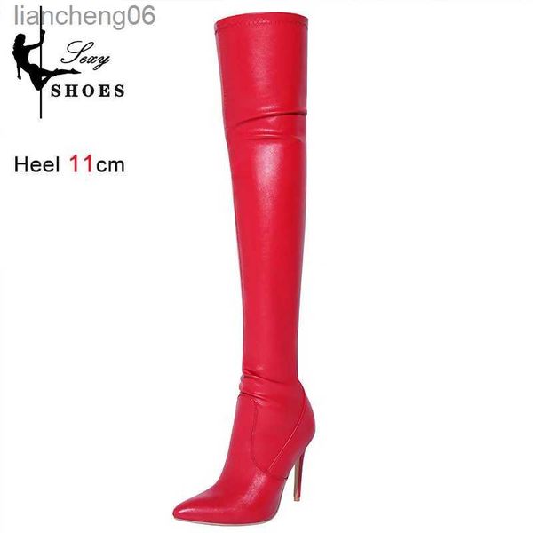 Botas Otoño e invierno Nuevas botas de pierna sexy Botas por encima de la rodilla de tacón alto puntiagudo Cremallera Punta puntiaguda Botines mate de charol para mujer L231025