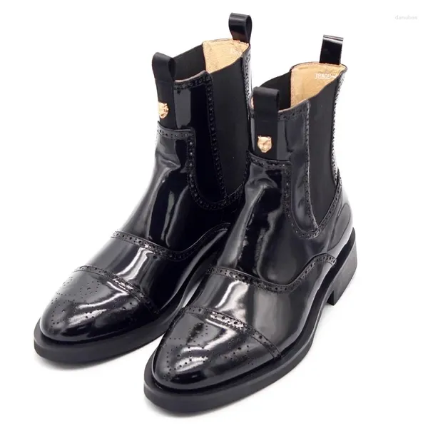 Bottes automne et hiver bande élastique pointue en cuir mi-long sculpté avec talons carrés surélevés grandes petites bottes pour hommes