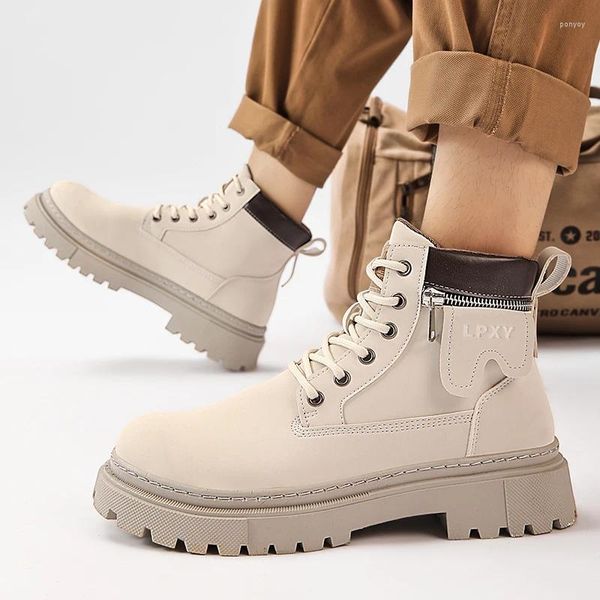 Botas Otoño e Invierno -Venta de Trabajo para Hombres Zapatos Decorados con Cremallera Metálica Clásicos con Cordones Suela Gruesa