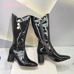 Boots Autumn Luxury Women Fashion Zip Pearl Crystal Real Picture Pointed Toe Round High Heel Leather Punk Shoe