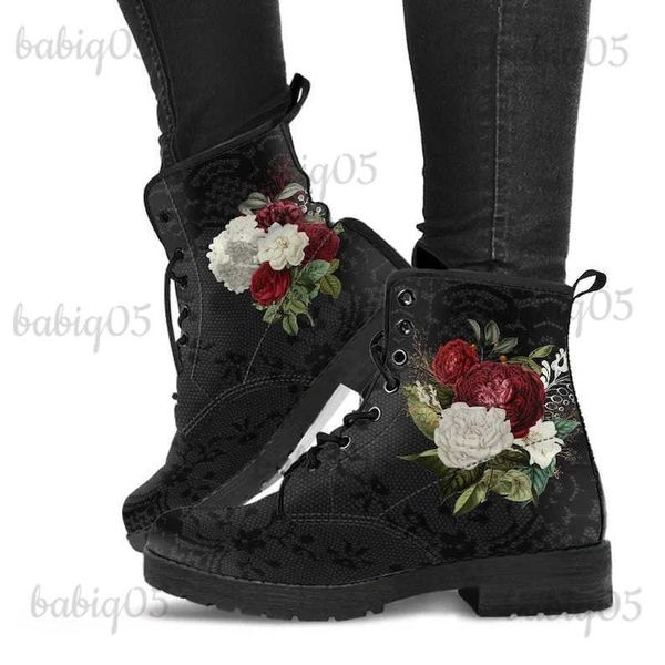 Botas Otoño Nuevo cuero Rose Dragon Botas bordadas Moda con cordones planos Botas cortas zapatos de mujer Tamaño grande 35-43 T231117