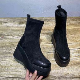 Bottes automne printemps femmes chaussures femme plate-forme mode bout rond cheville 2022 hiver élastique noir compensé confortable Botas Y2209