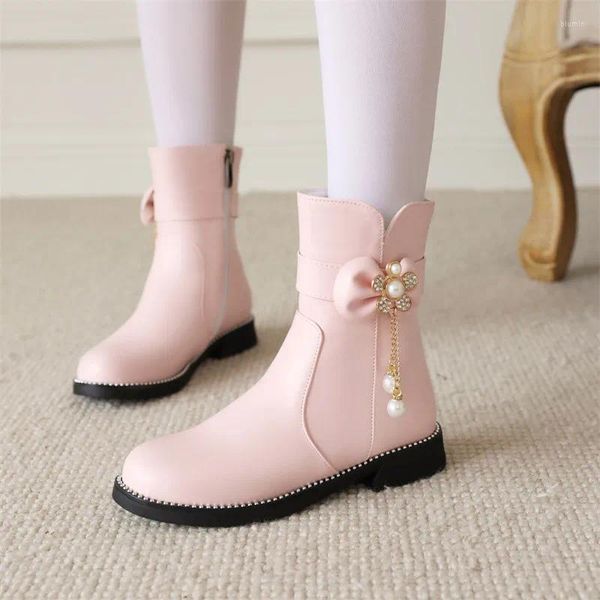 Boots Automne Sweet Pearls Pendants Chain Butterfly-not Girls Filles à talon Low Talon T-show Pink Black White Princess's Chaussures 12 Y