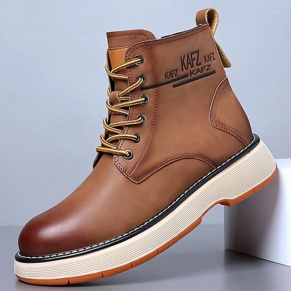 Botas Otoño Base gruesa Cuero genuino Mid-Top Hombres Tendencia británica Motocross High-Top Zapatos casuales Tobillo Botas