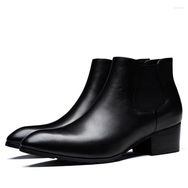 Botas Otoño Invierno 5 cm Aumento de altura Tobillo de cuero genuino Hombres Tacones altos Trabajo de negocios Punta puntiaguda Resbalón en 37-44