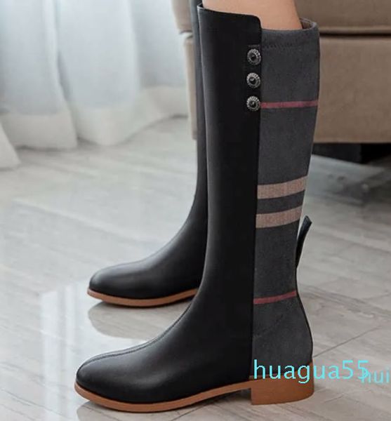 Botas Otoño Invierno Moda Vender Mujeres Caballero Cuero Genuino Gamuza Nariz Redonda Botones Largos Cremallera Hecha A Mano Ms