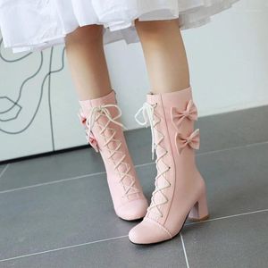Boots Autumn Winter Girls Fashion Princess Lolita Wedding Party Shoes Cross Bond Bow White Pink Women Mid High Heel