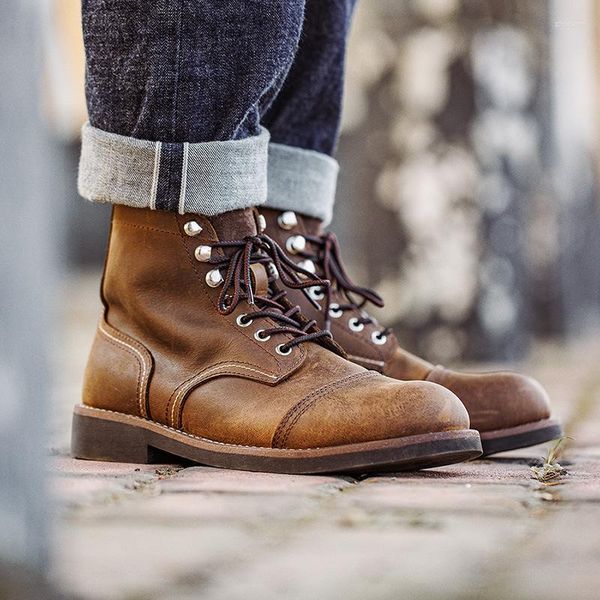 Botas Otoño Invierno Hombres Hechos A Mano Tobillo Británico Vintage Zapatos De Cuero De Vaca Herramientas Al Aire Libre Motocicleta Punta Redonda Con Cordones