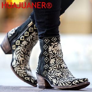 Bottes Automne Hiver Dames Bottes Casual Broderie Fermeture Éclair Bottines Rivet Western Bout Pointu Talon Bas Bottes Chaudes Pour Dames Chaussures 230714