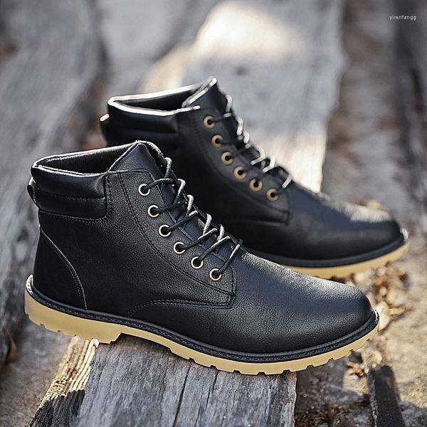 Botas Otoño Invierno Cuero Tobillo de los hombres Resistente al desgaste Antideslizante Hombres Moda Negro con cordones Trabajo Chaussure Homme